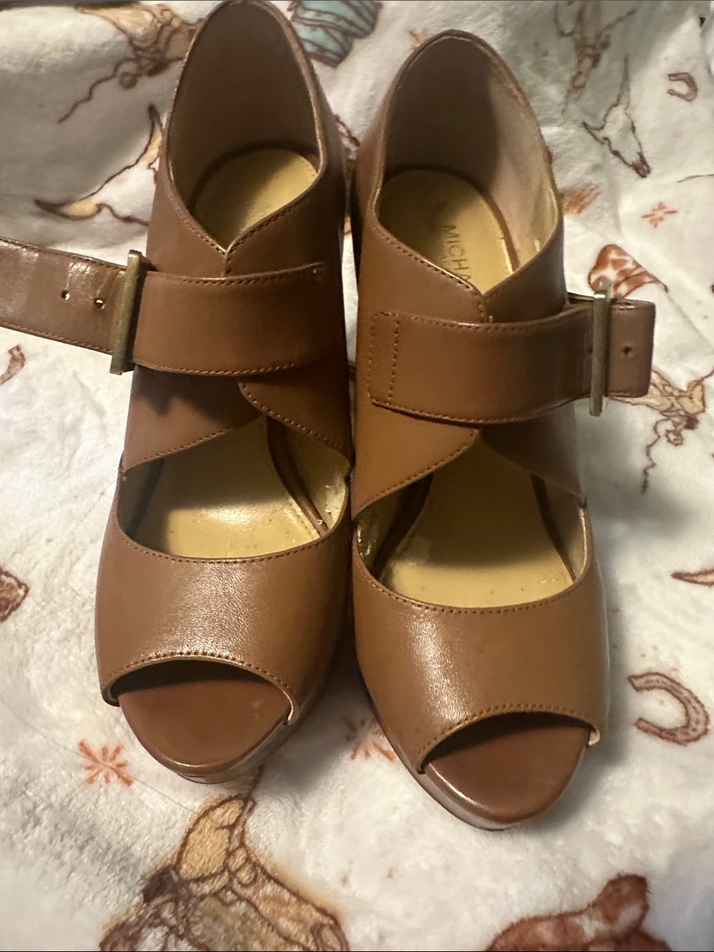 Michael Kors Tan Brown Leather Platform Peep-Toe Heels with Buckle - Picture 4 of 10
